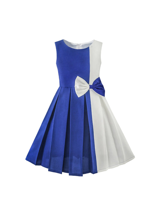 Girls Dress Color Block Contrast Bow Tie Everyday Party Blue