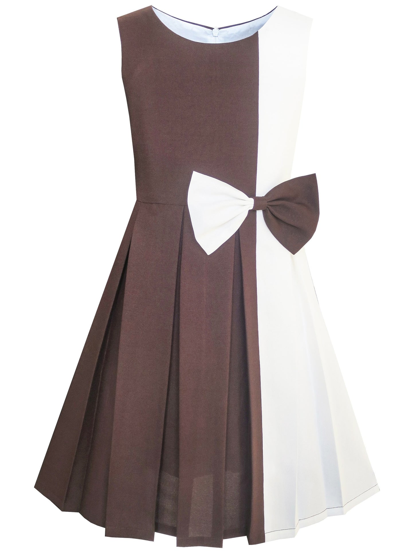 Girls Dress Color Block Contrast Bow Tie Everyday Party Brown