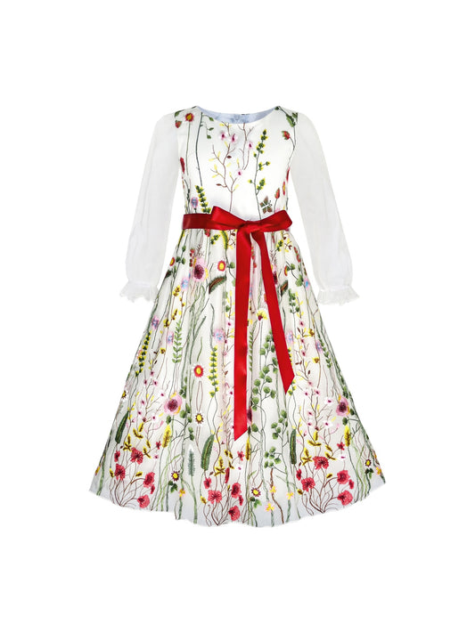 Flower Girls Dress Embroidered Long Sleeve Party Birthday Multi-Color