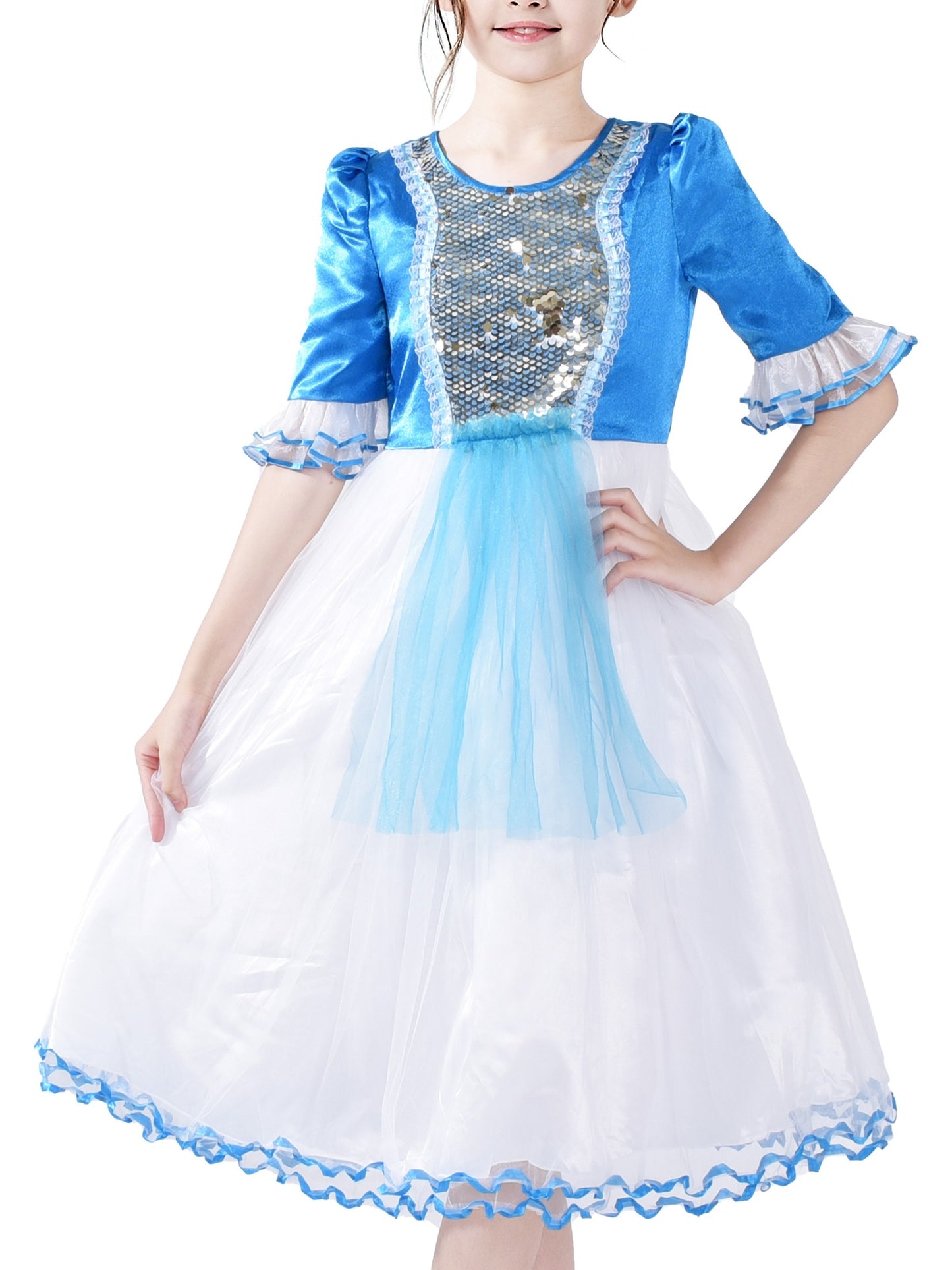 Girls Dress Snow White Princess Cartoon Mermaid Party Costume Ball Blue