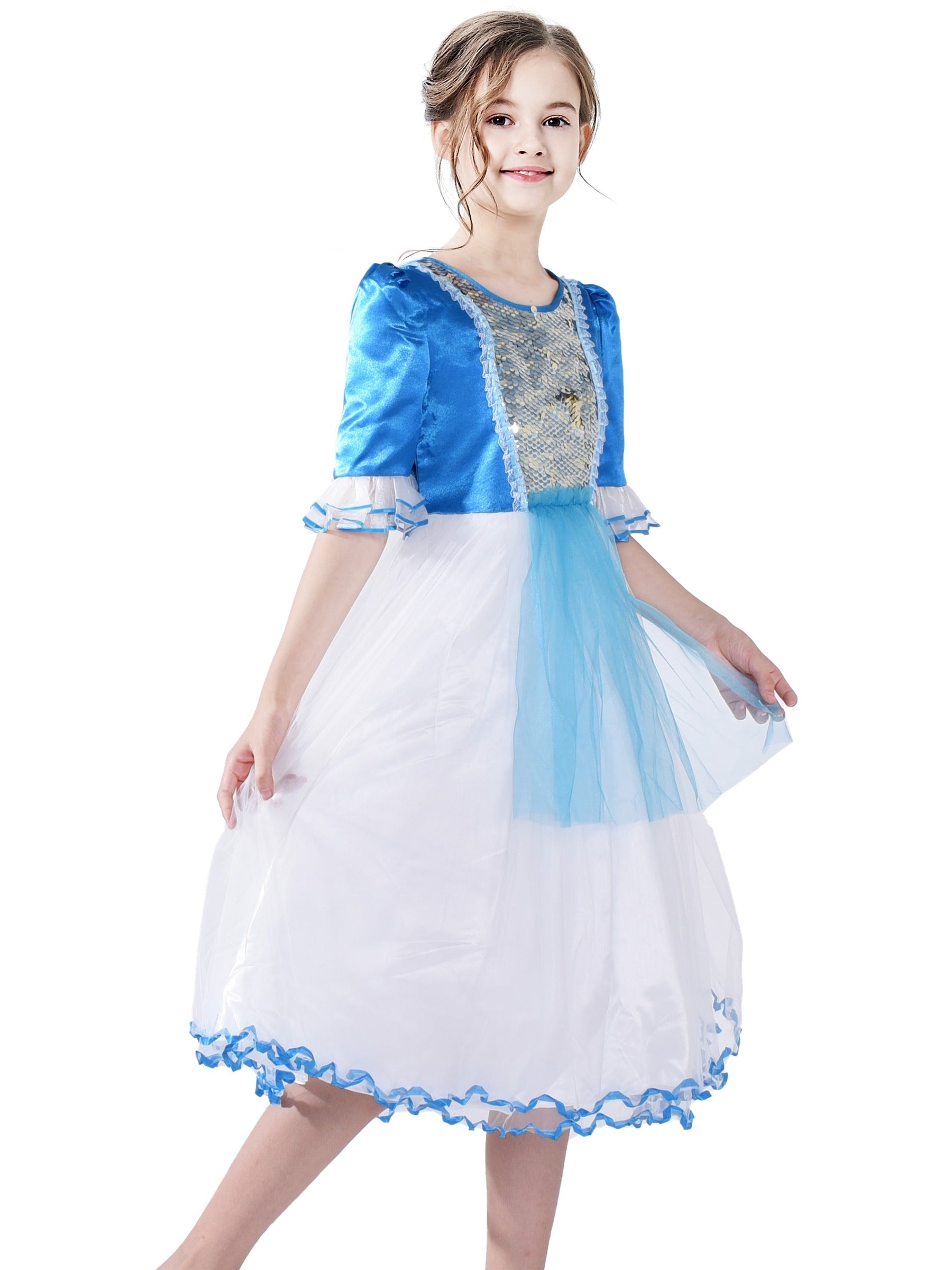 Girls Dress Snow White Princess Cartoon Mermaid Party Costume Ball Blue