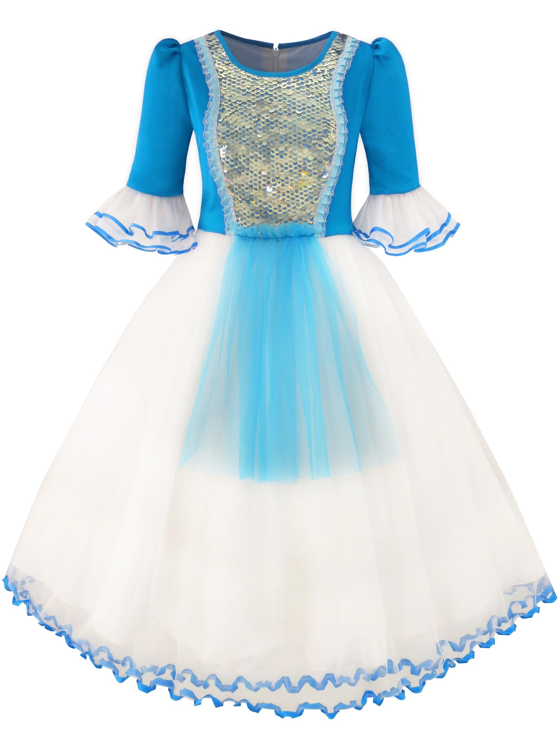 Girls Dress Snow White Princess Cartoon Mermaid Party Costume Ball Blue