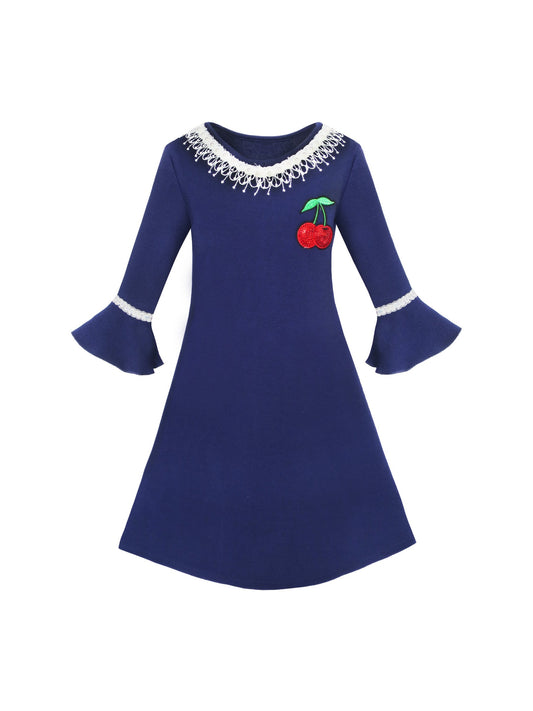 Girls Dress Lotus Leaf Sleeve Cherry Embroidery Everyday Blue