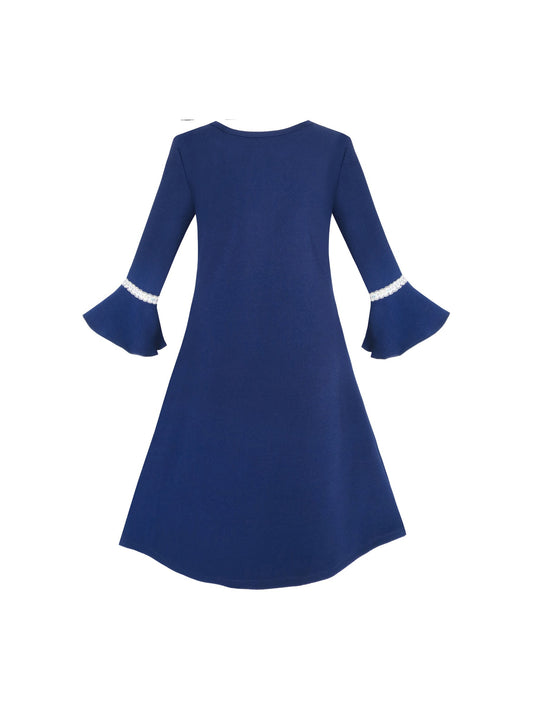 Girls Dress Lotus Leaf Sleeve Cherry Embroidery Everyday Blue