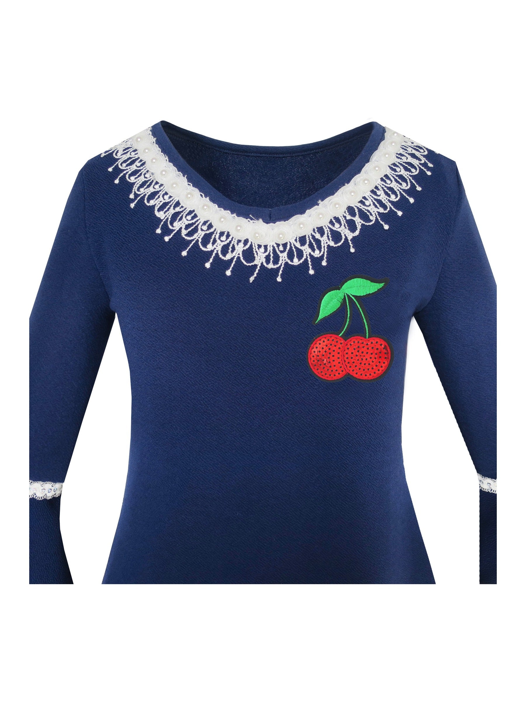 Girls Dress Lotus Leaf Sleeve Cherry Embroidery Everyday Blue
