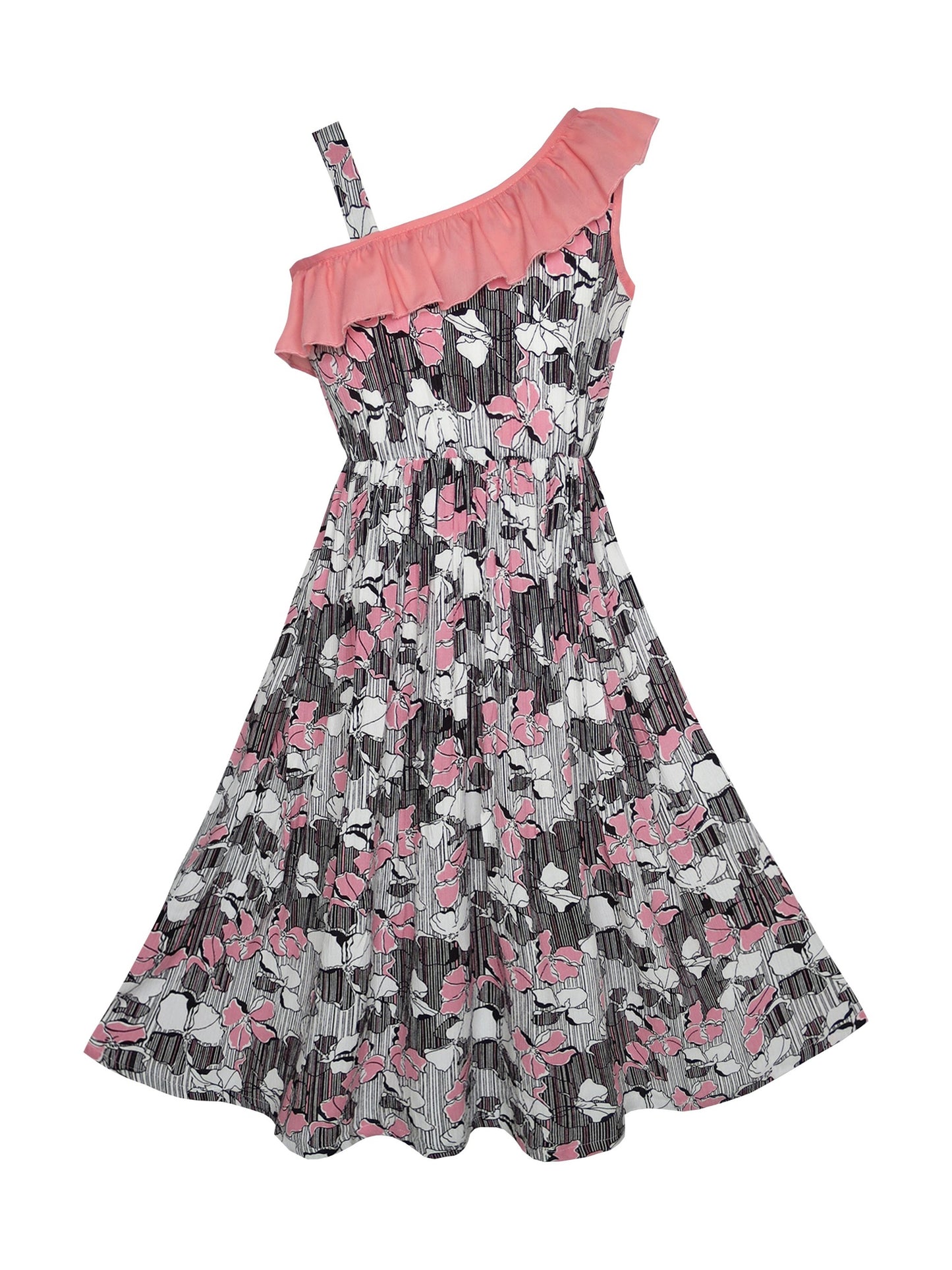 Girls Dress Sleeveless Floral Print Asymmetric Shoulder Design Multi-Color