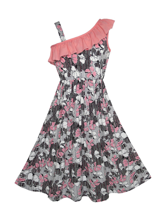 Girls Dress Sleeveless Floral Print Asymmetric Shoulder Design Multi-Color