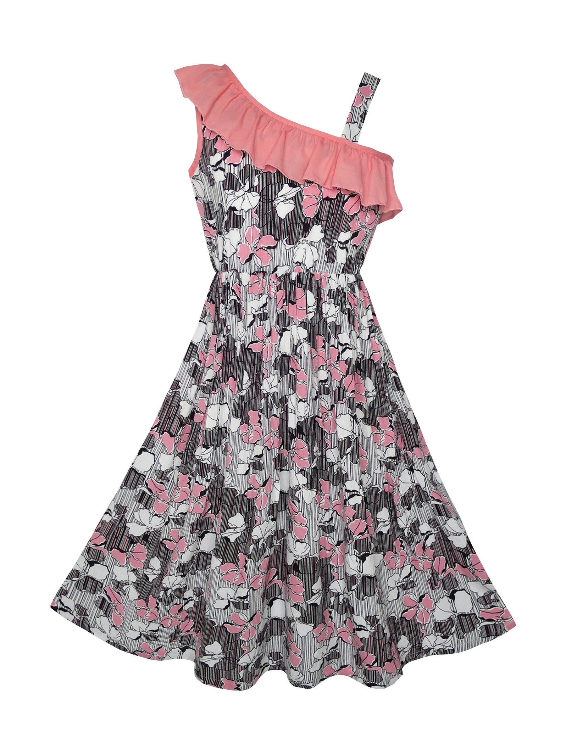 Girls Dress Sleeveless Floral Print Asymmetric Shoulder Design Multi-Color