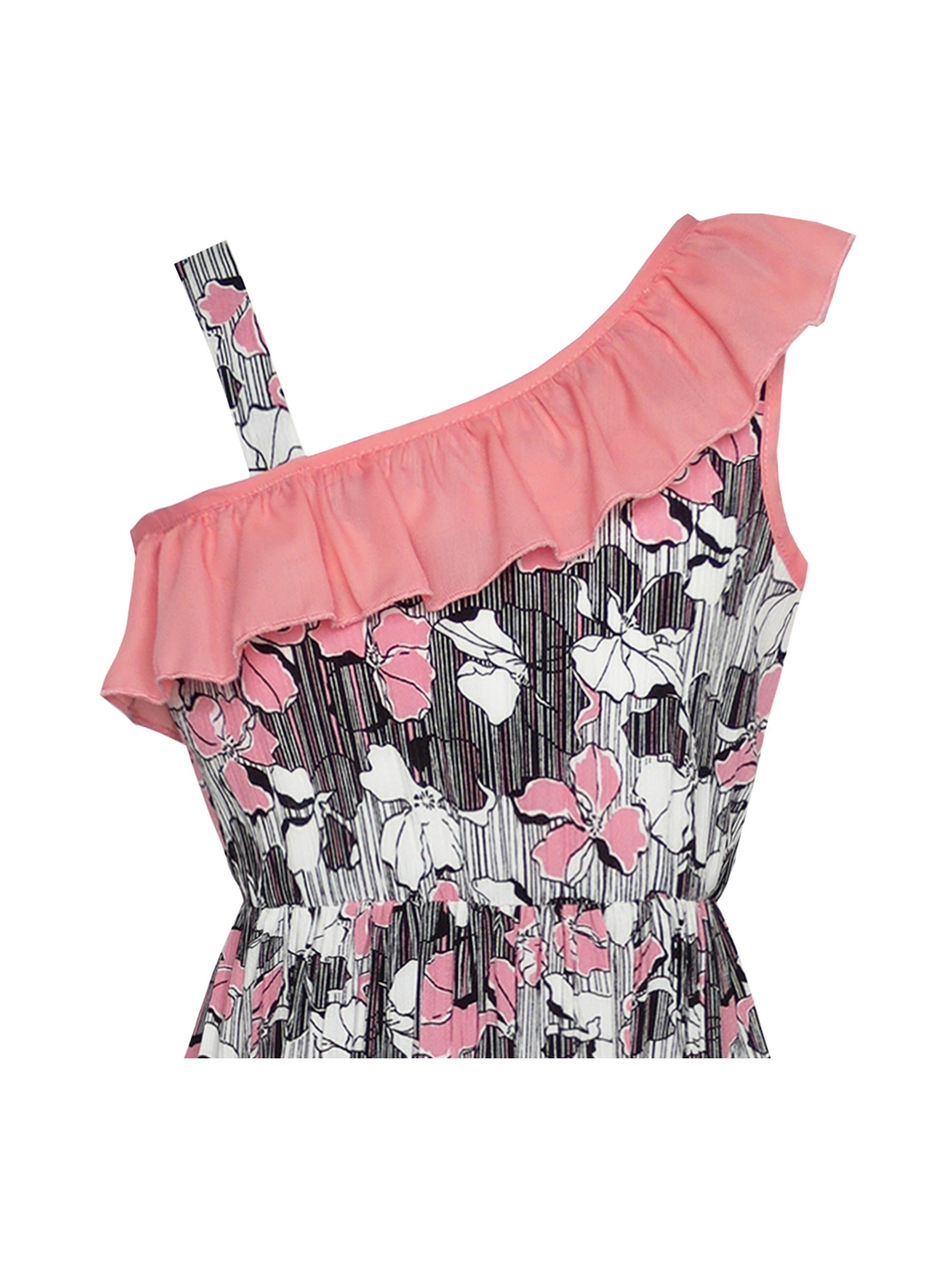 Girls Dress Sleeveless Floral Print Asymmetric Shoulder Design Multi-Color