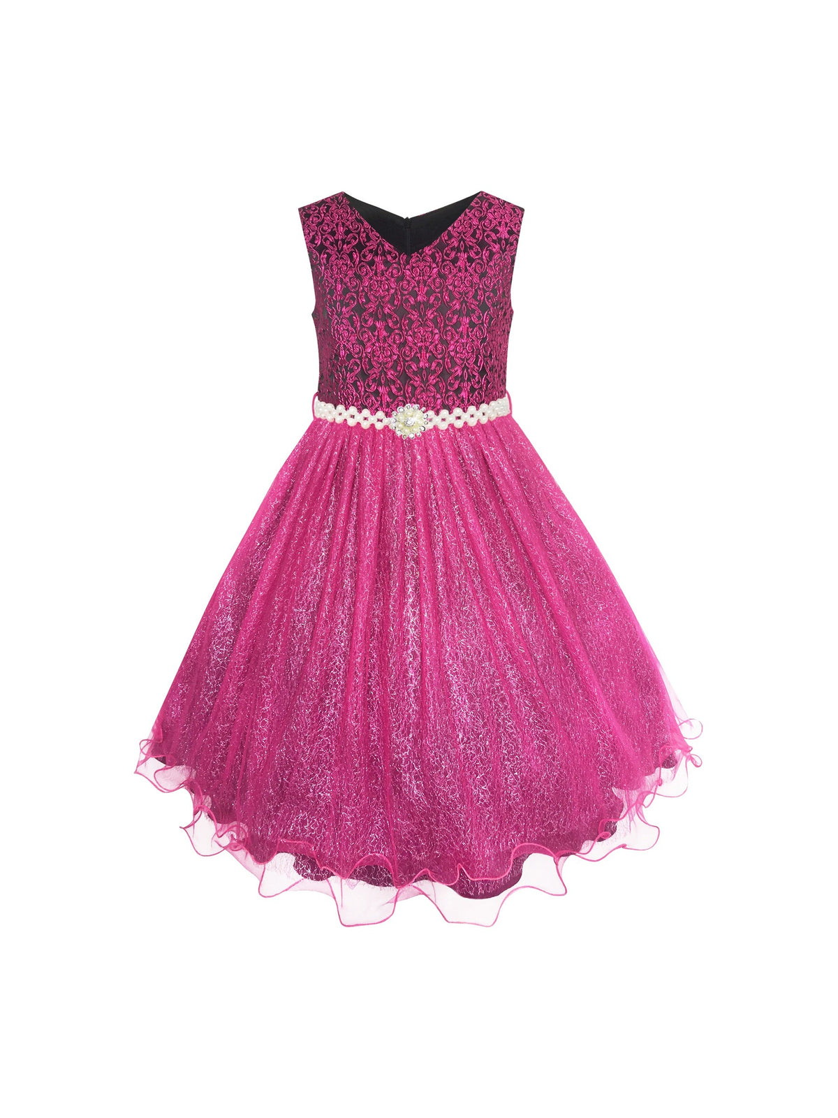 Flower Girl Dress Sparkling Pearl Belt Shrimp Pink Wedding Bridesmaid - Magenta Color
