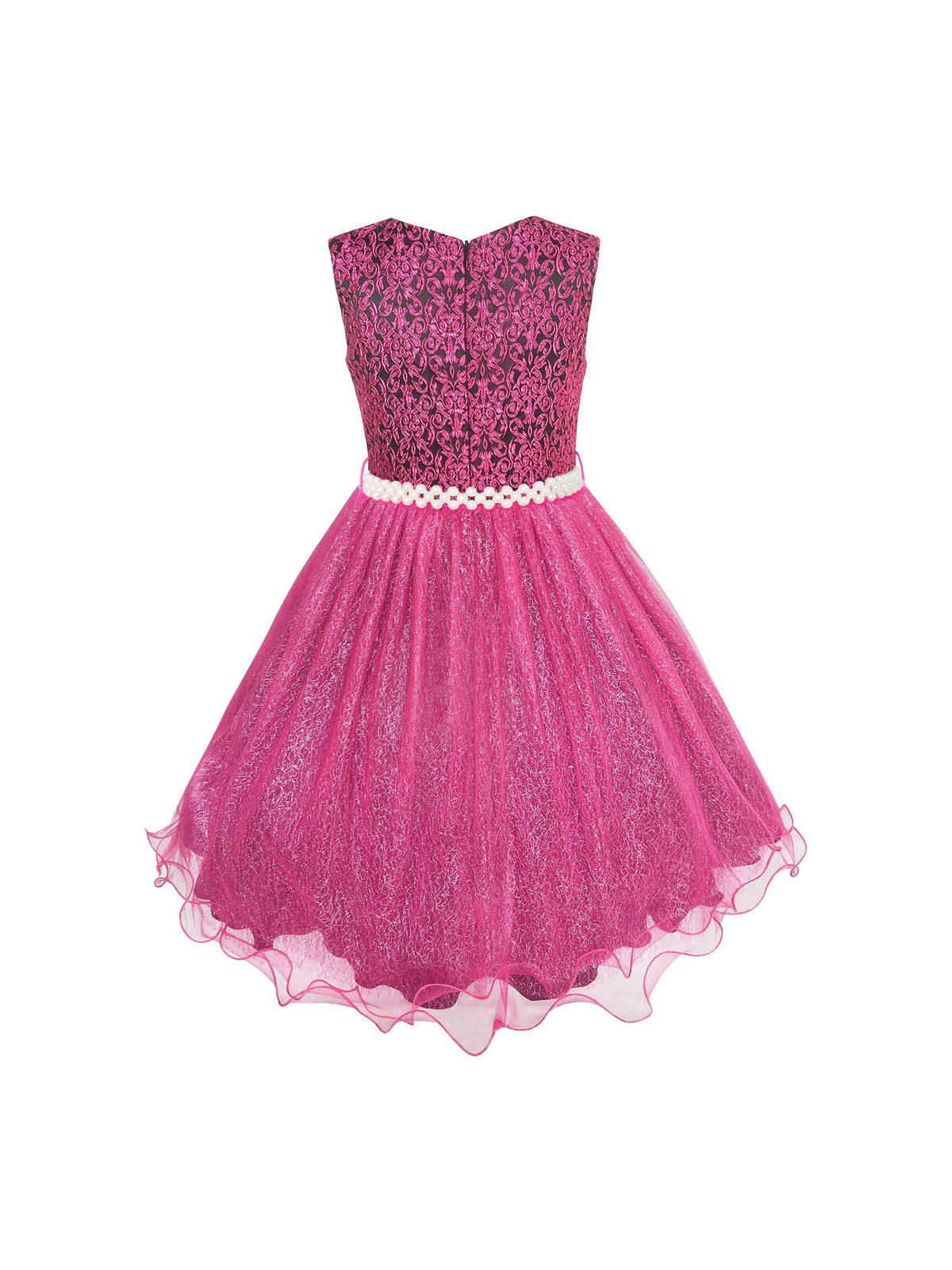 Flower Girl Dress Sparkling Pearl Belt Shrimp Pink Wedding Bridesmaid - Magenta Color