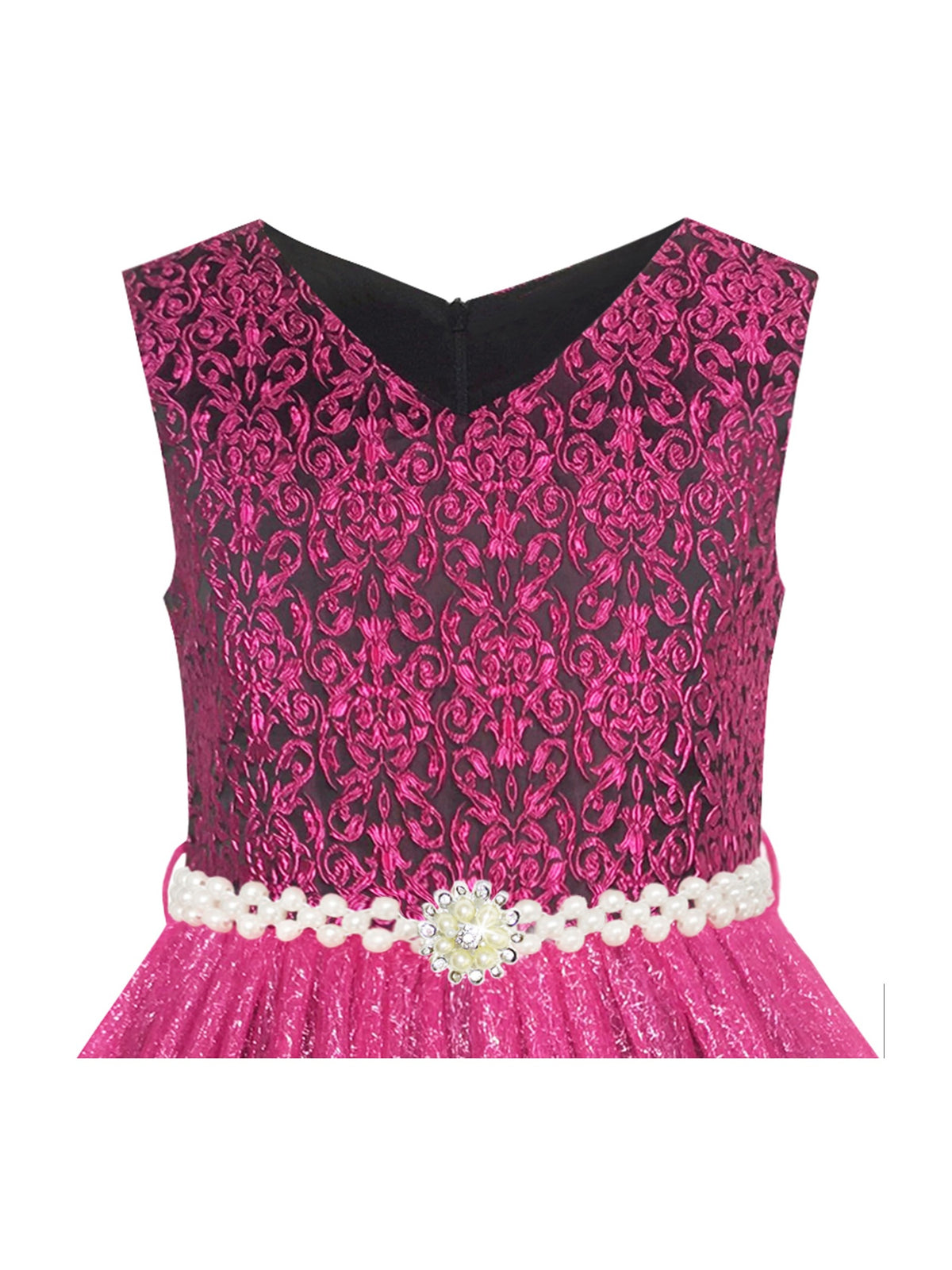 Flower Girl Dress Sparkling Pearl Belt Shrimp Pink Wedding Bridesmaid - Magenta Color