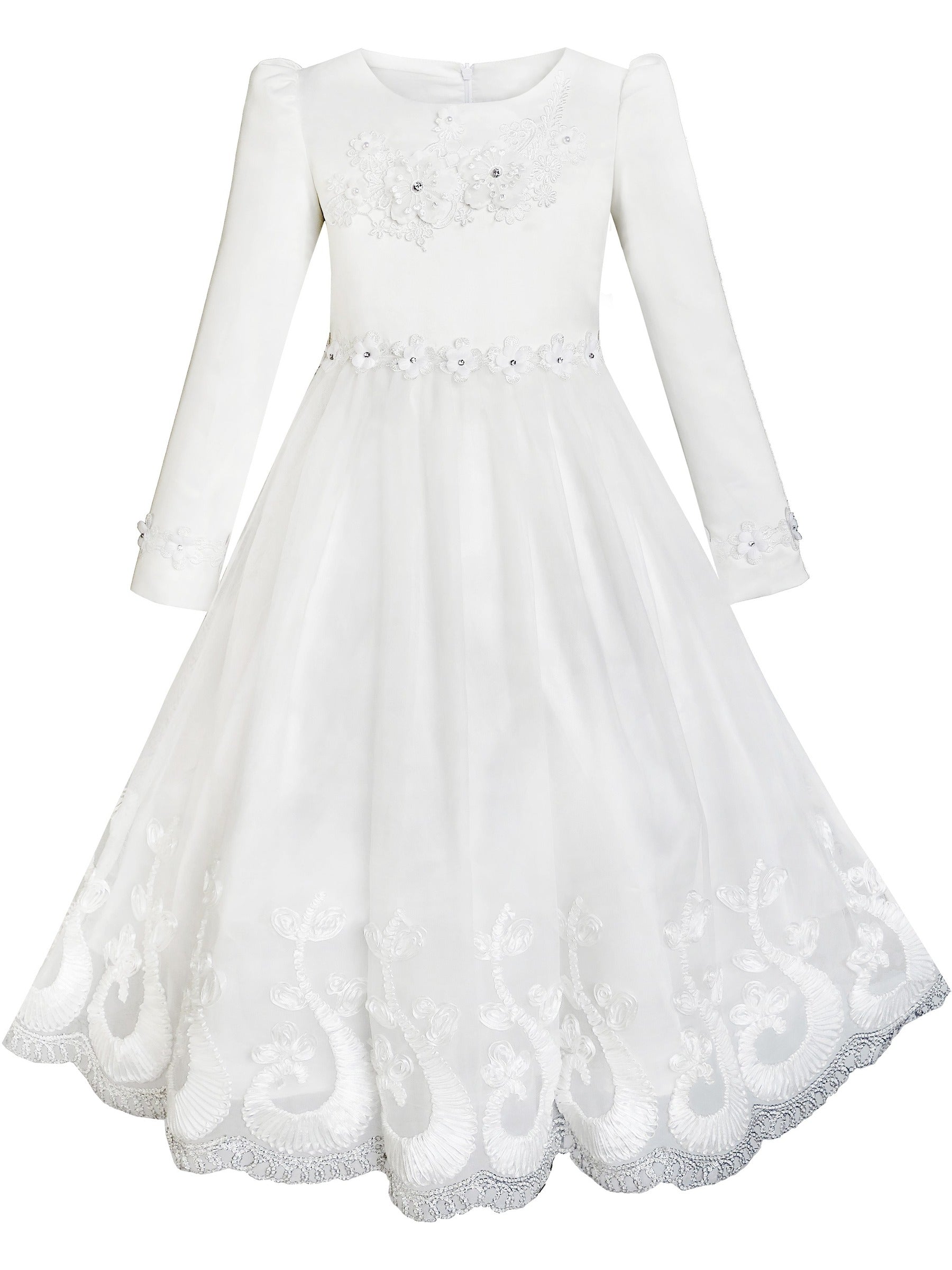 Flower Girls Dress Lace Hem Long Sleeve Wedding First Communion White