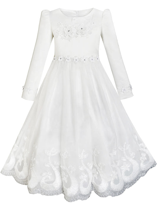 Flower Girls Dress Lace Hem Long Sleeve Wedding First Communion White