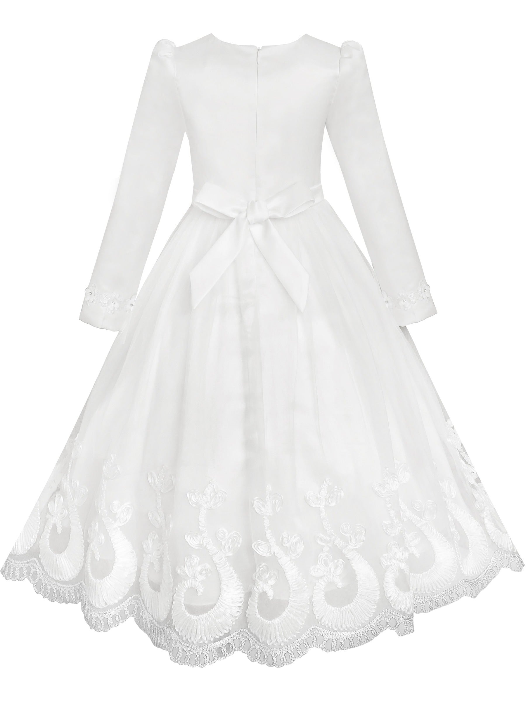 Flower Girls Dress Lace Hem Long Sleeve Wedding First Communion White