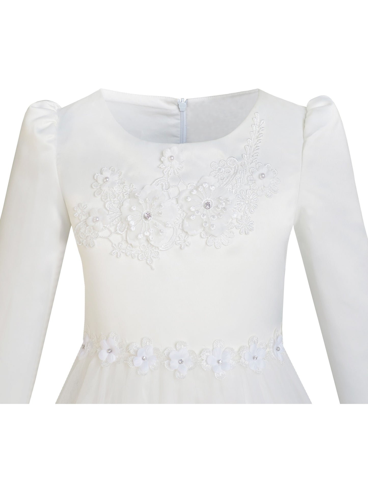 Flower Girls Dress Lace Hem Long Sleeve Wedding First Communion White