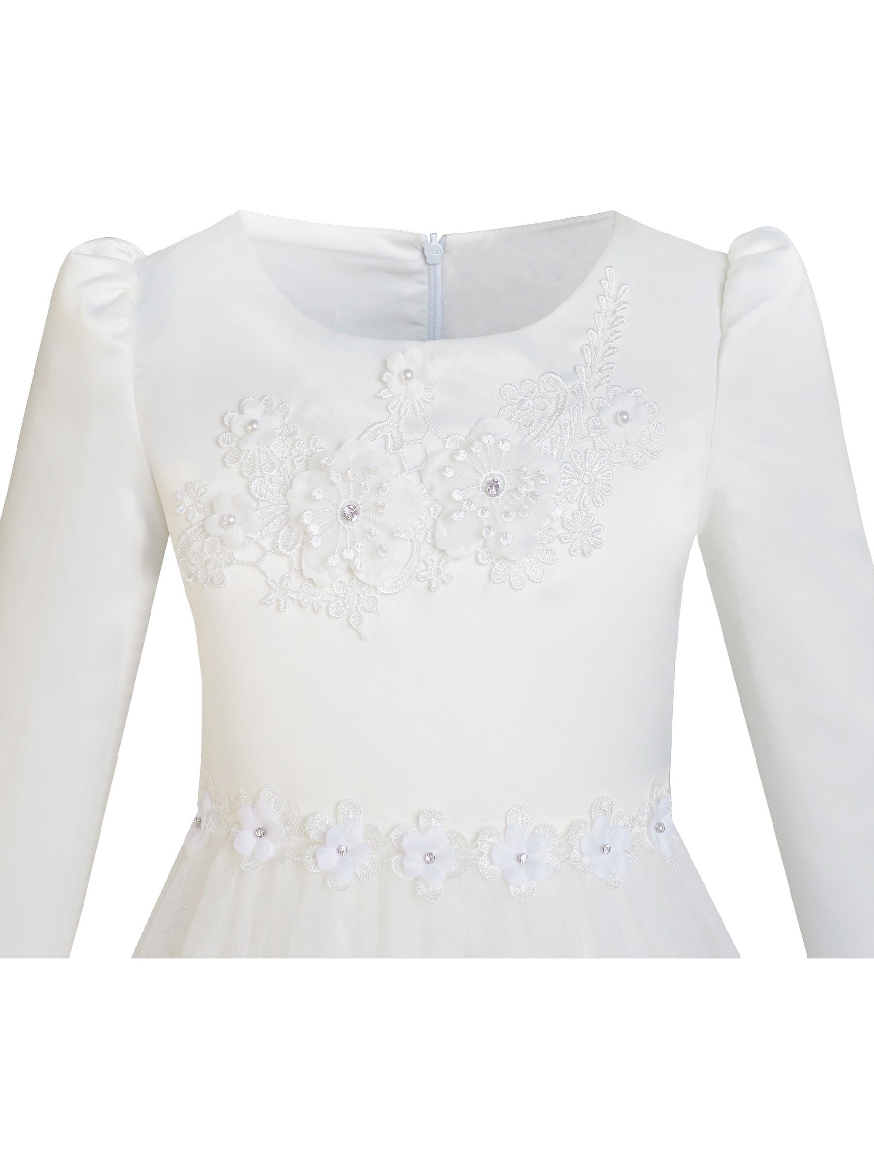 Flower Girls Dress Lace Hem Long Sleeve Wedding First Communion White