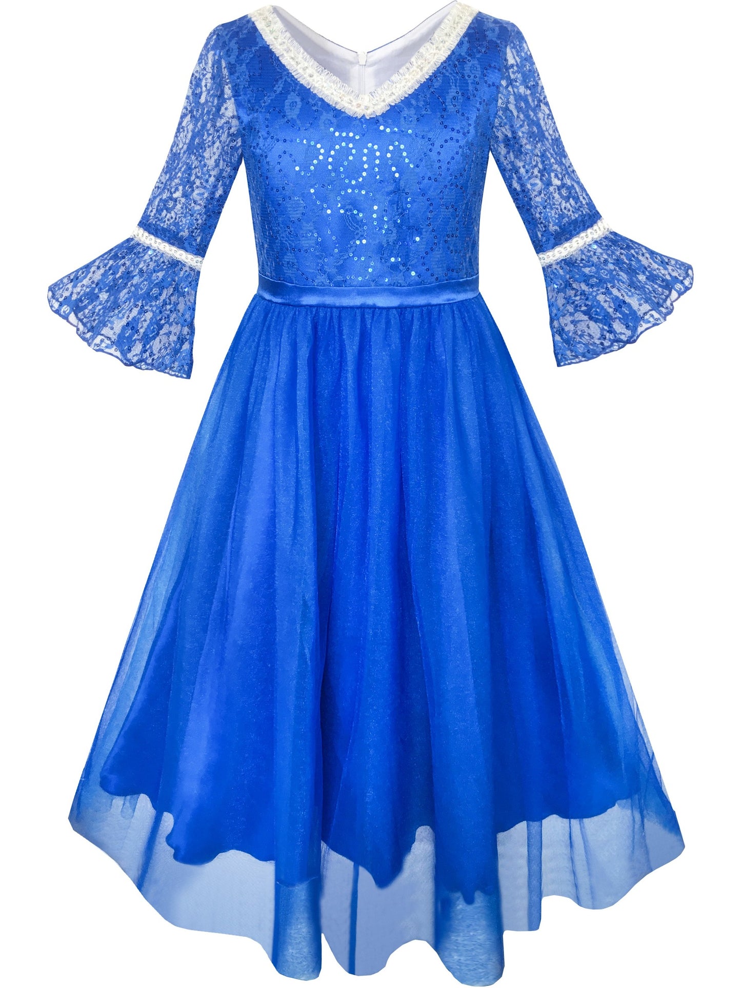 Girls Dress Lace Sequin V-neckline Pageant Wedding Blue