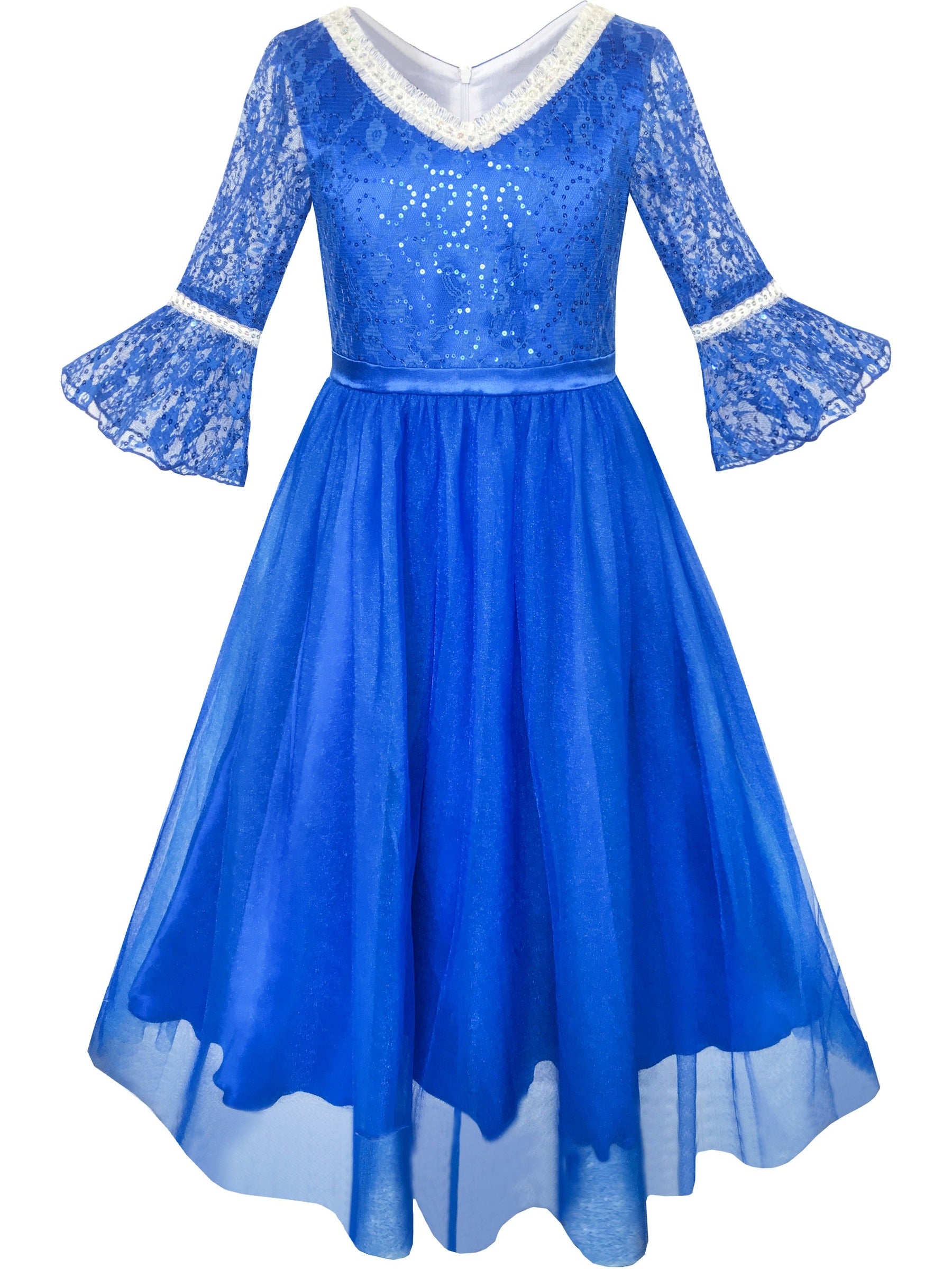 Girls Dress Lace Sequin V-neckline Pageant Wedding Blue
