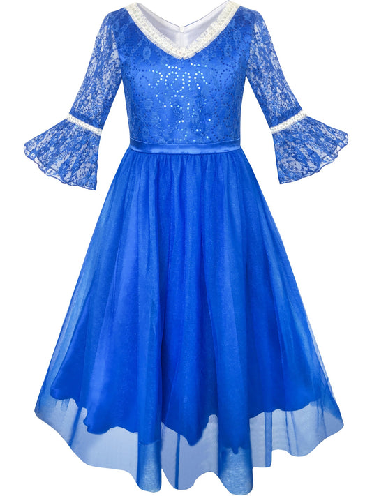 Girls Dress Lace Sequin V-neckline Pageant Wedding Blue