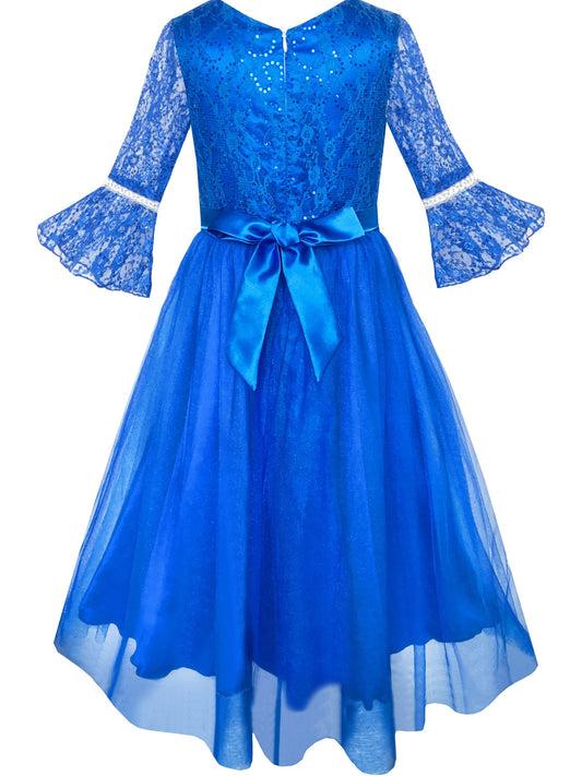 Girls Dress Lace Sequin V-neckline Pageant Wedding Blue