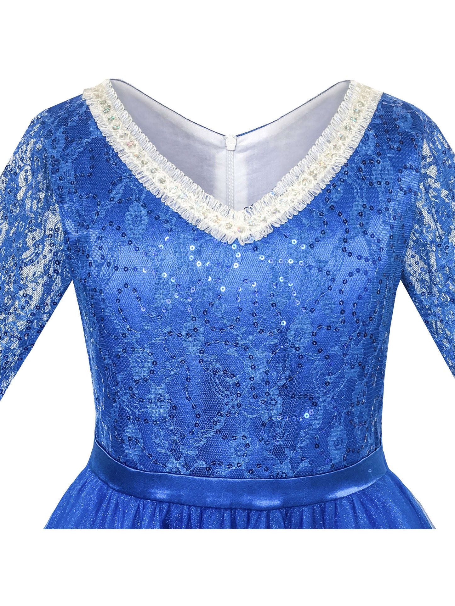 Girls Dress Lace Sequin V-neckline Pageant Wedding Blue