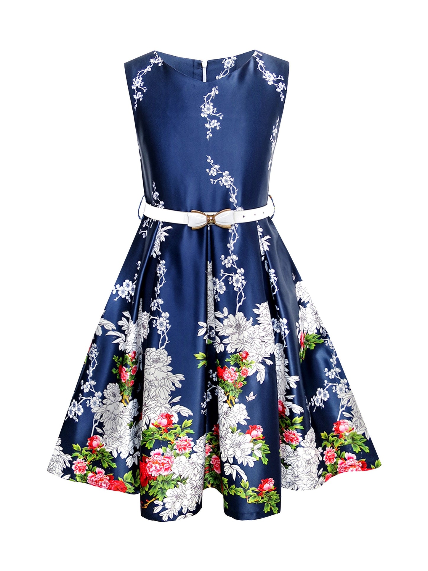 Girls Dress Flower Garden Print Elegant Chinese Style Blue