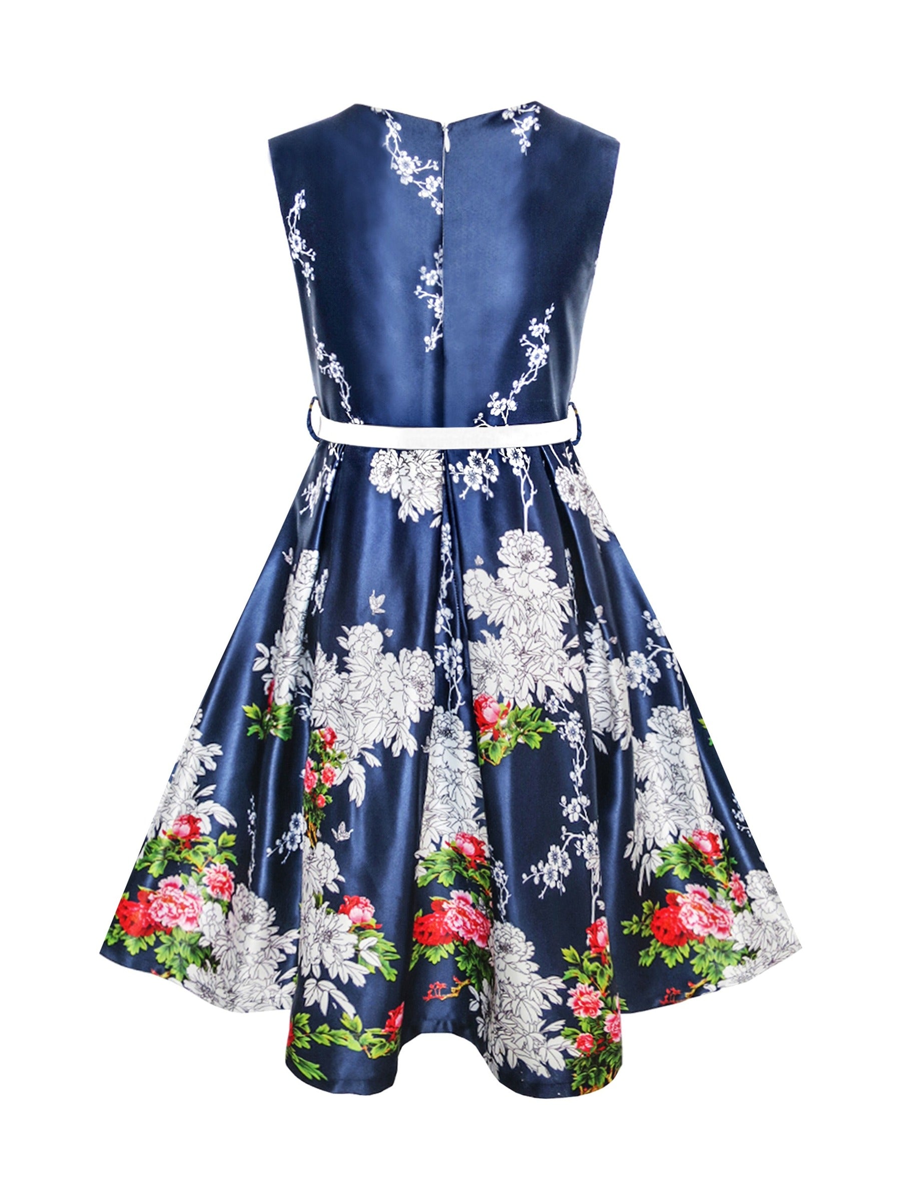 Girls Dress Flower Garden Print Elegant Chinese Style Blue