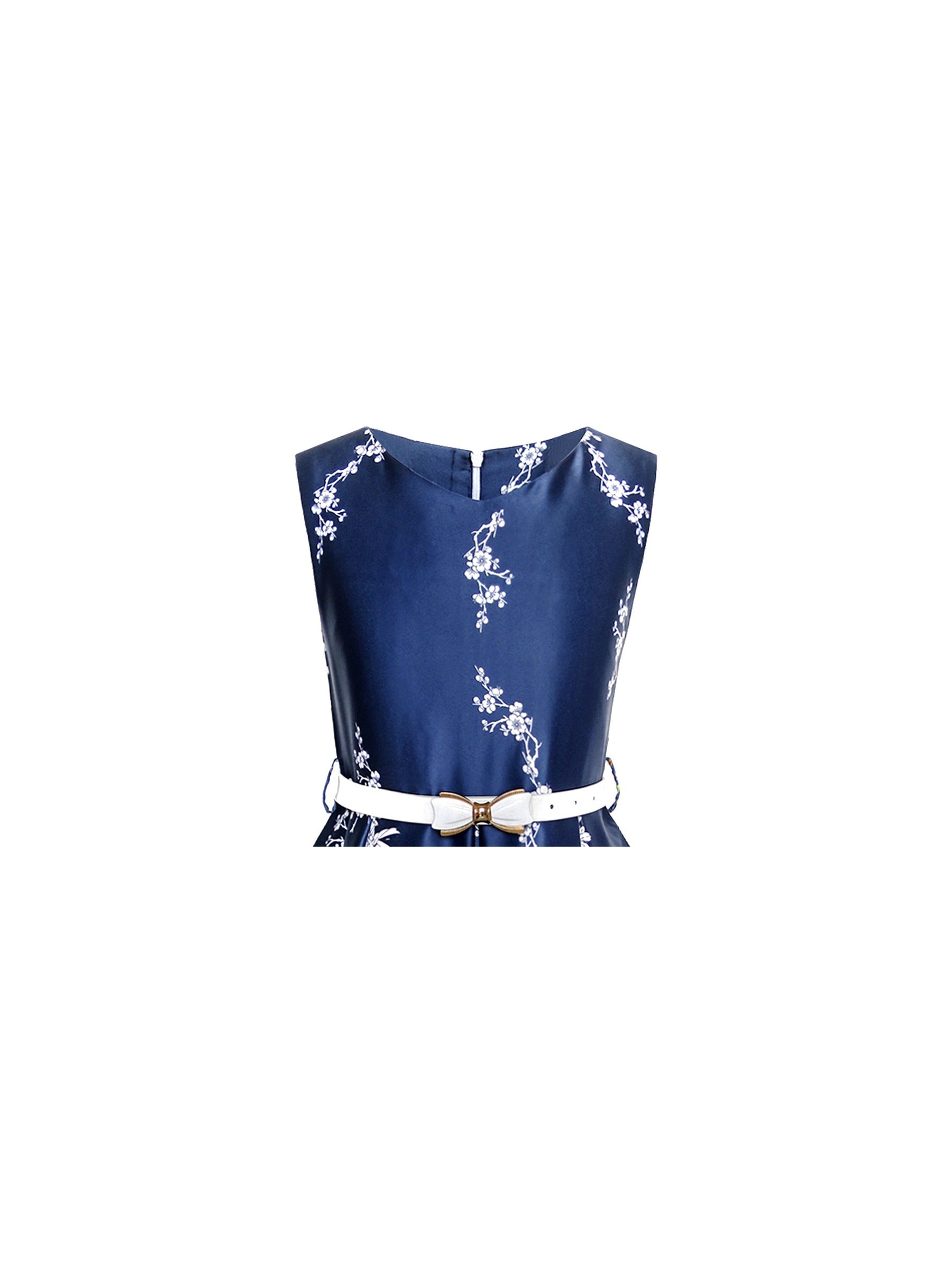 Girls Dress Flower Garden Print Elegant Chinese Style Blue