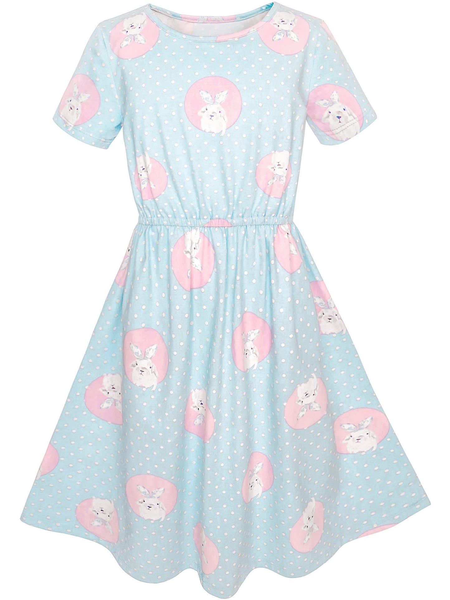 Girls Dress Blue Dot Rabbit Bunny Knitted Cotton Sundress Blue