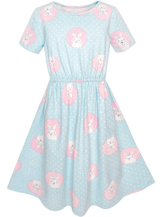 Girls Dress Blue Dot Rabbit Bunny Knitted Cotton Sundress Blue