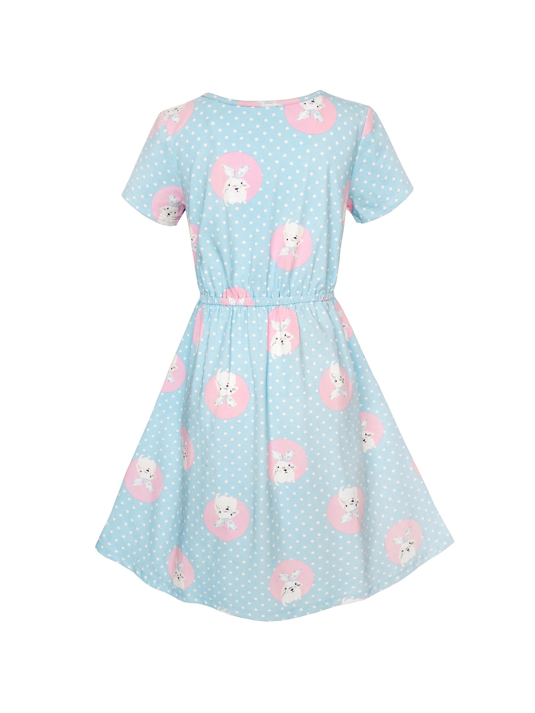 Girls Dress Blue Dot Rabbit Bunny Knitted Cotton Sundress Blue