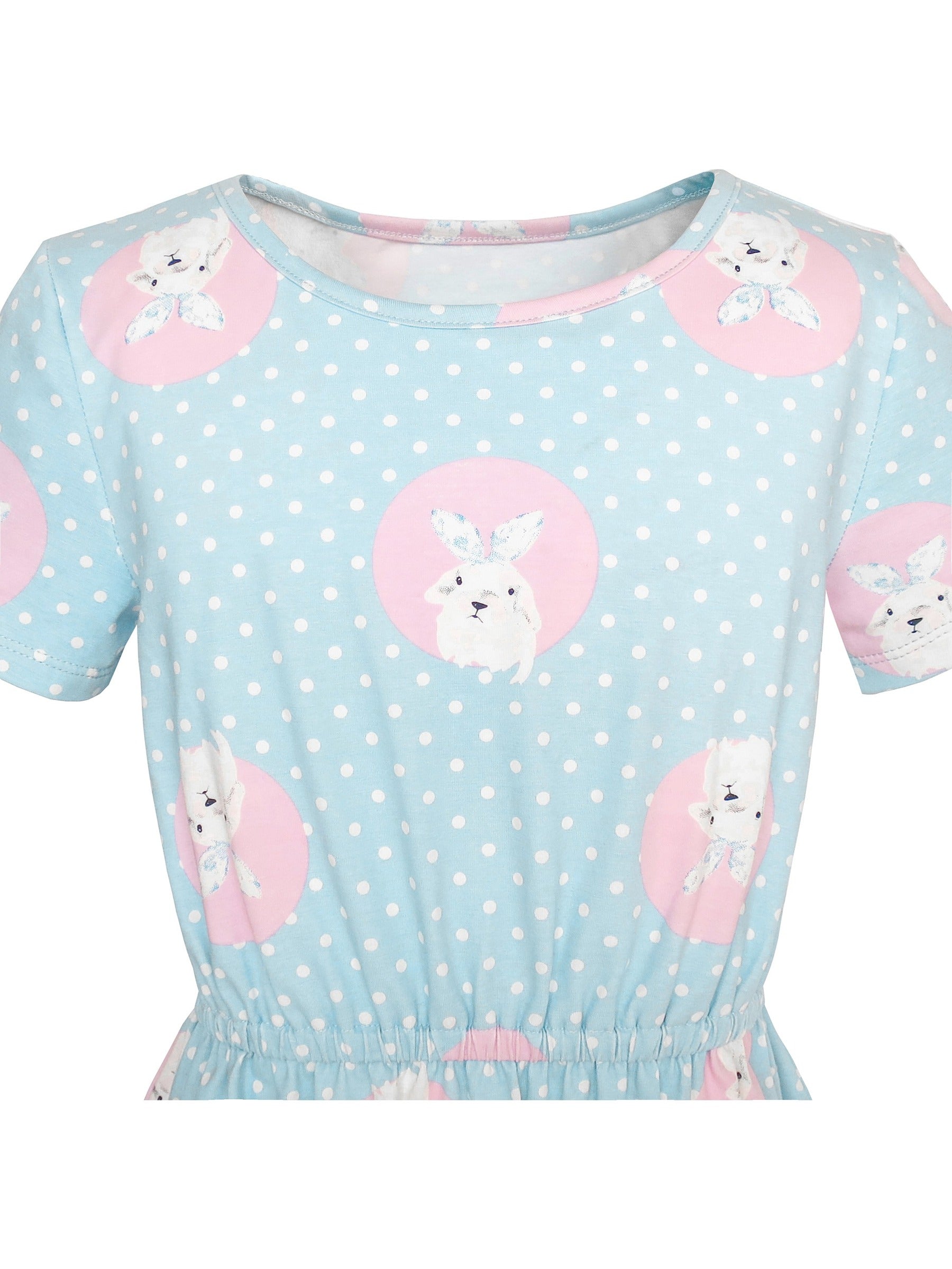 Girls Dress Blue Dot Rabbit Bunny Knitted Cotton Sundress Blue