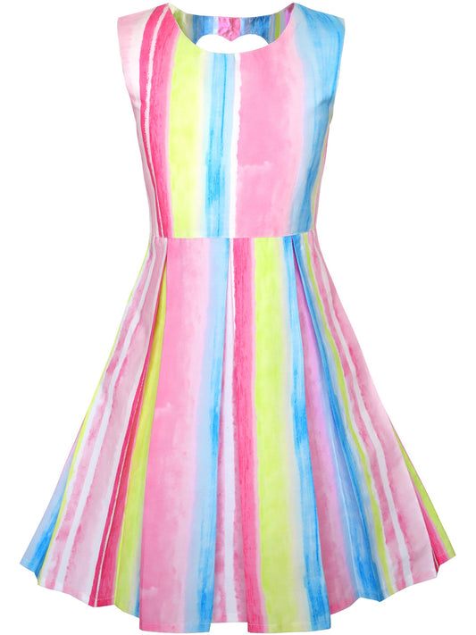 Girls Sleeveless Cotton Dress Blue Striped Casual Summer Dresses For Girls Pink