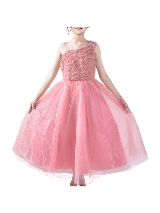 Girls Dress One Shoulder Rose Flower Dancing Ball Gown Pink
