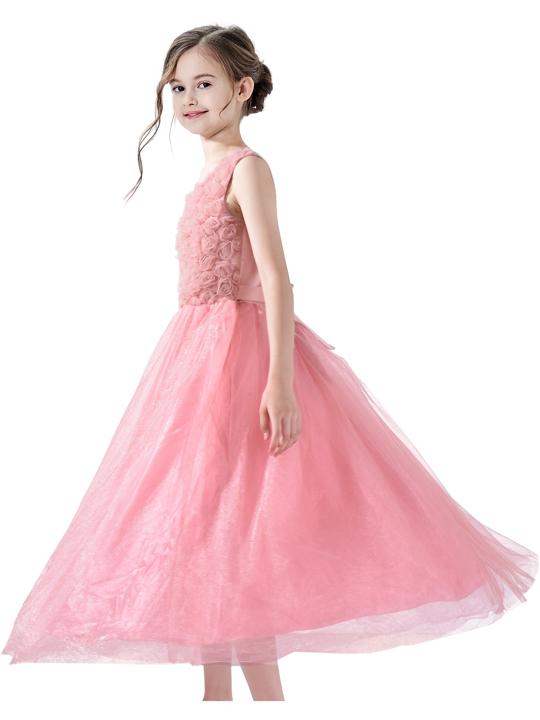 Girls Dress One Shoulder Rose Flower Dancing Ball Gown Pink