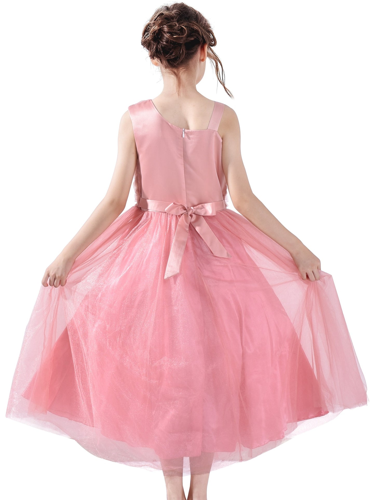 Girls Dress One Shoulder Rose Flower Dancing Ball Gown Pink