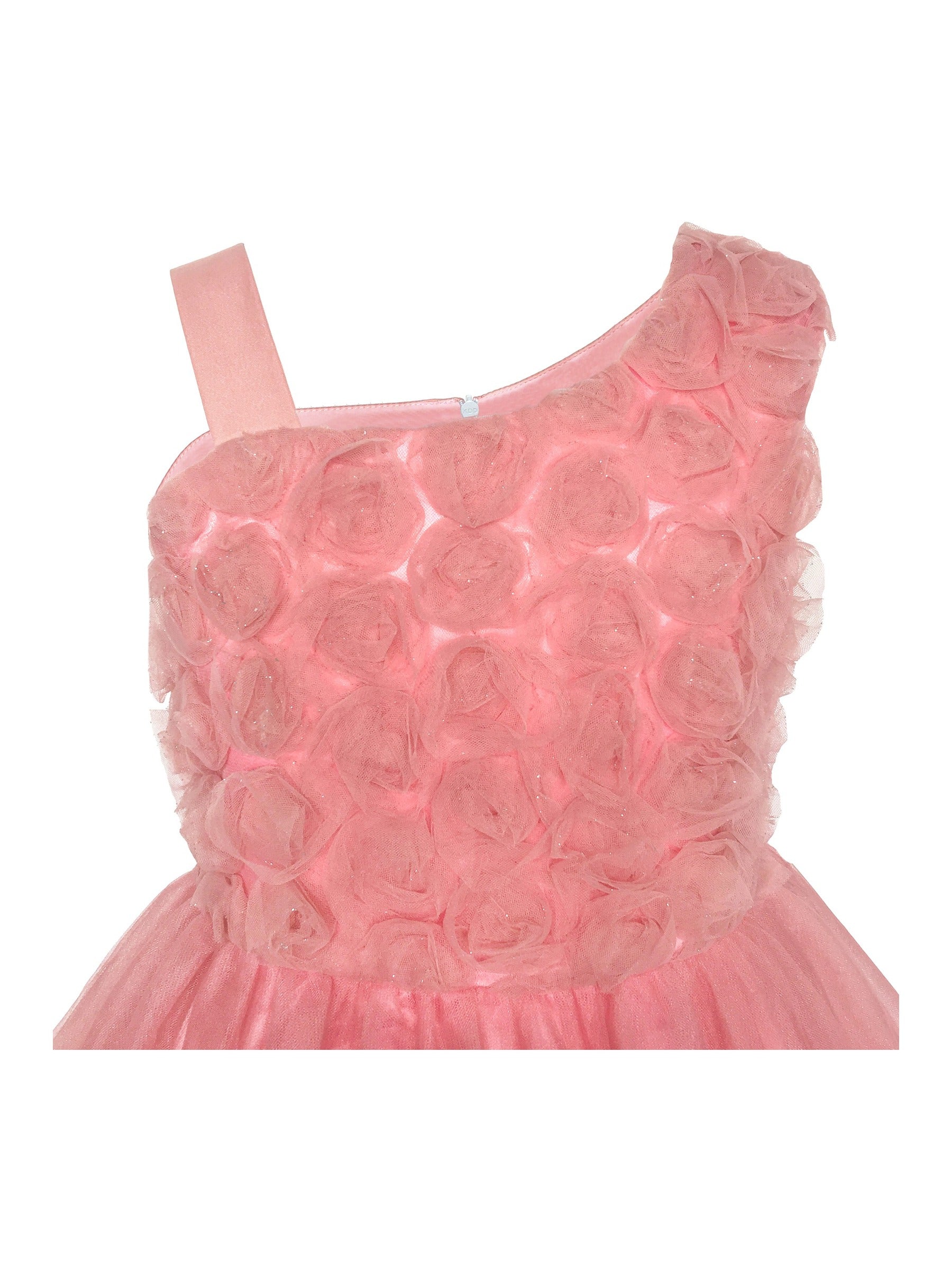 Girls Dress One Shoulder Rose Flower Dancing Ball Gown Pink