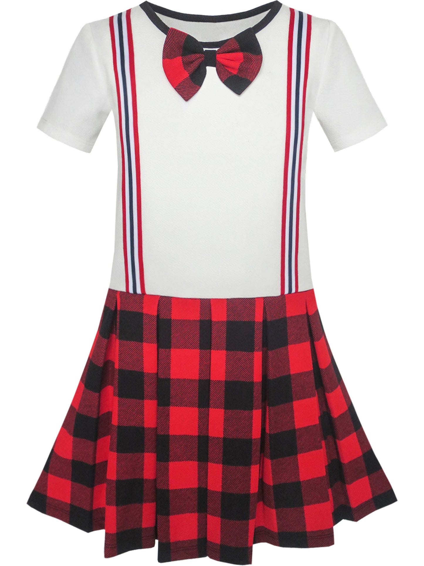 Girls Dress School Uniform Red White Check Suspender Skirt Red