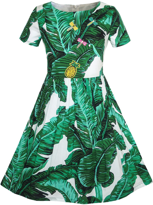 Girls Dress Green Leaf Print Pineapple Dragonfly Sundress Green