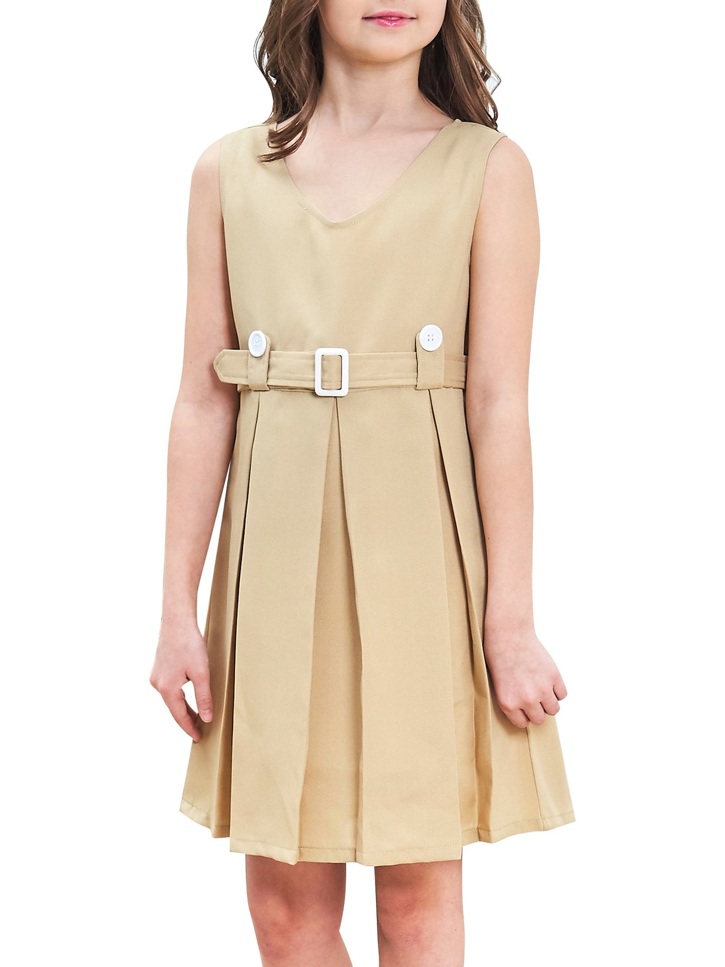 Girls Dress Beige Button Back School Uniform Pleated Hem Beige