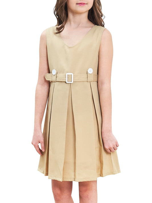 Girls Dress Beige Button Back School Uniform Pleated Hem Beige