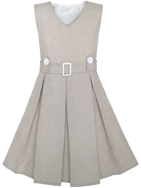 Girls Dress Beige Button Back School Uniform Pleated Hem Beige