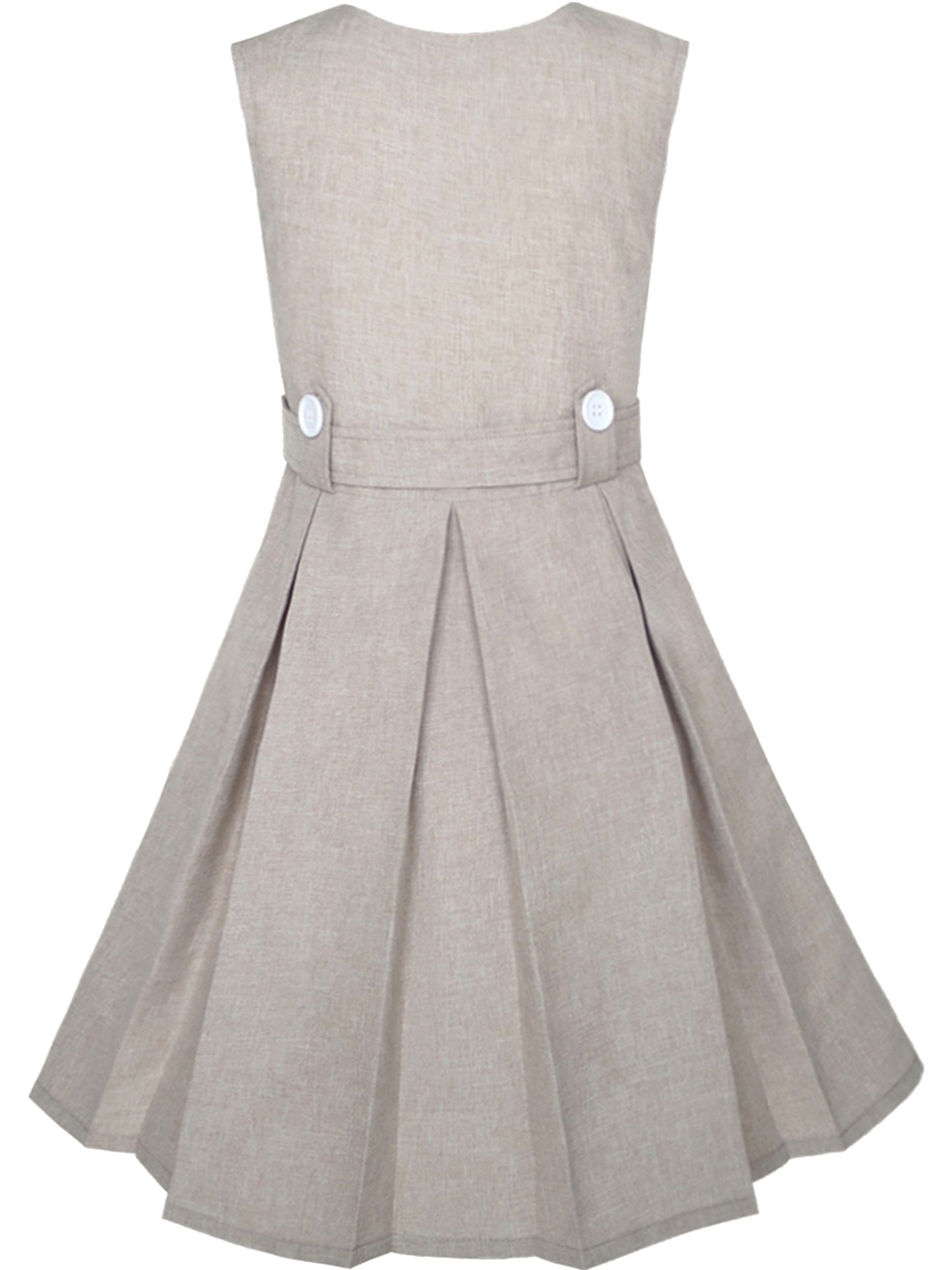 Girls Dress Beige Button Back School Uniform Pleated Hem Beige