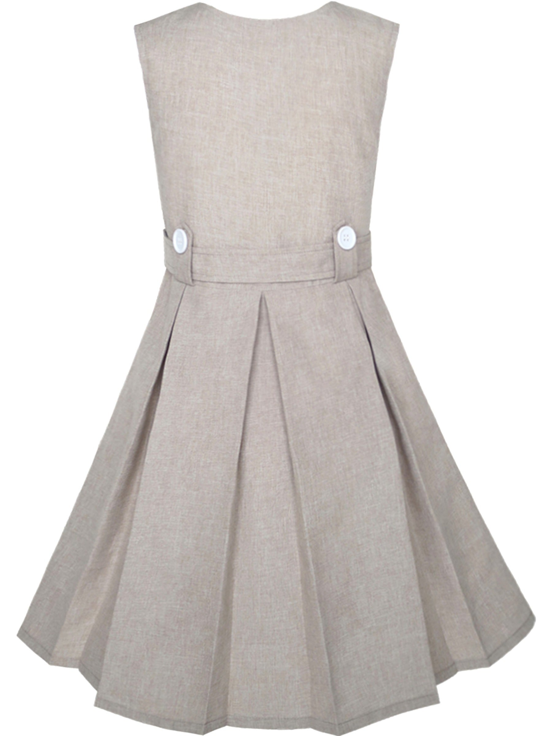 Girls Dress Beige Button Back School Uniform Pleated Hem Beige