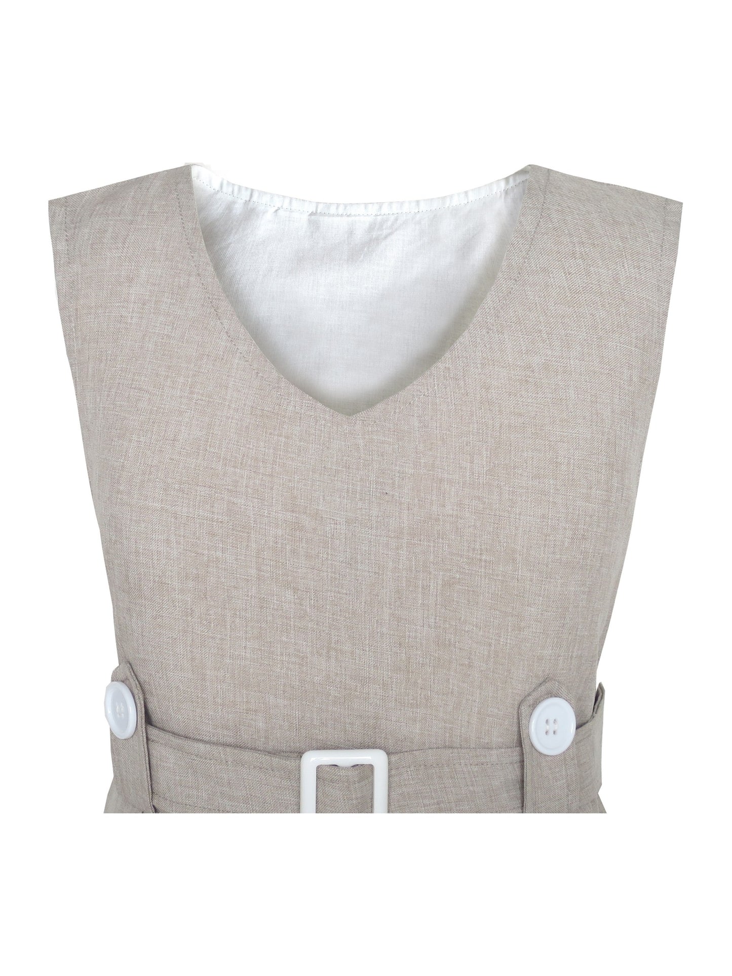 Girls Dress Beige Button Back School Uniform Pleated Hem Beige
