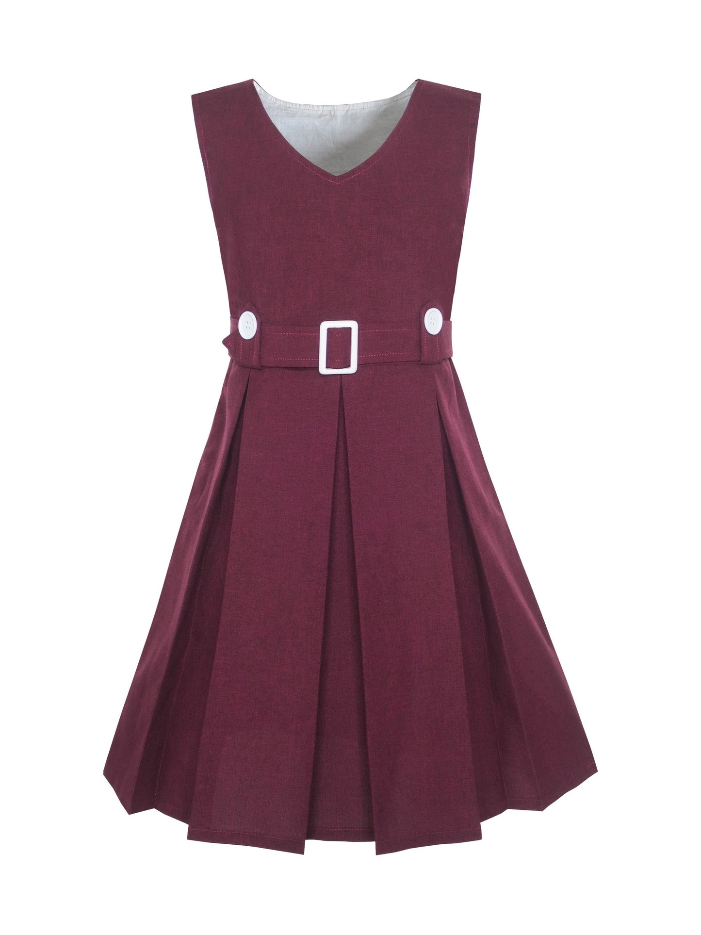 Girls Dress Beige Button Back School Uniform Pleated Hem Red