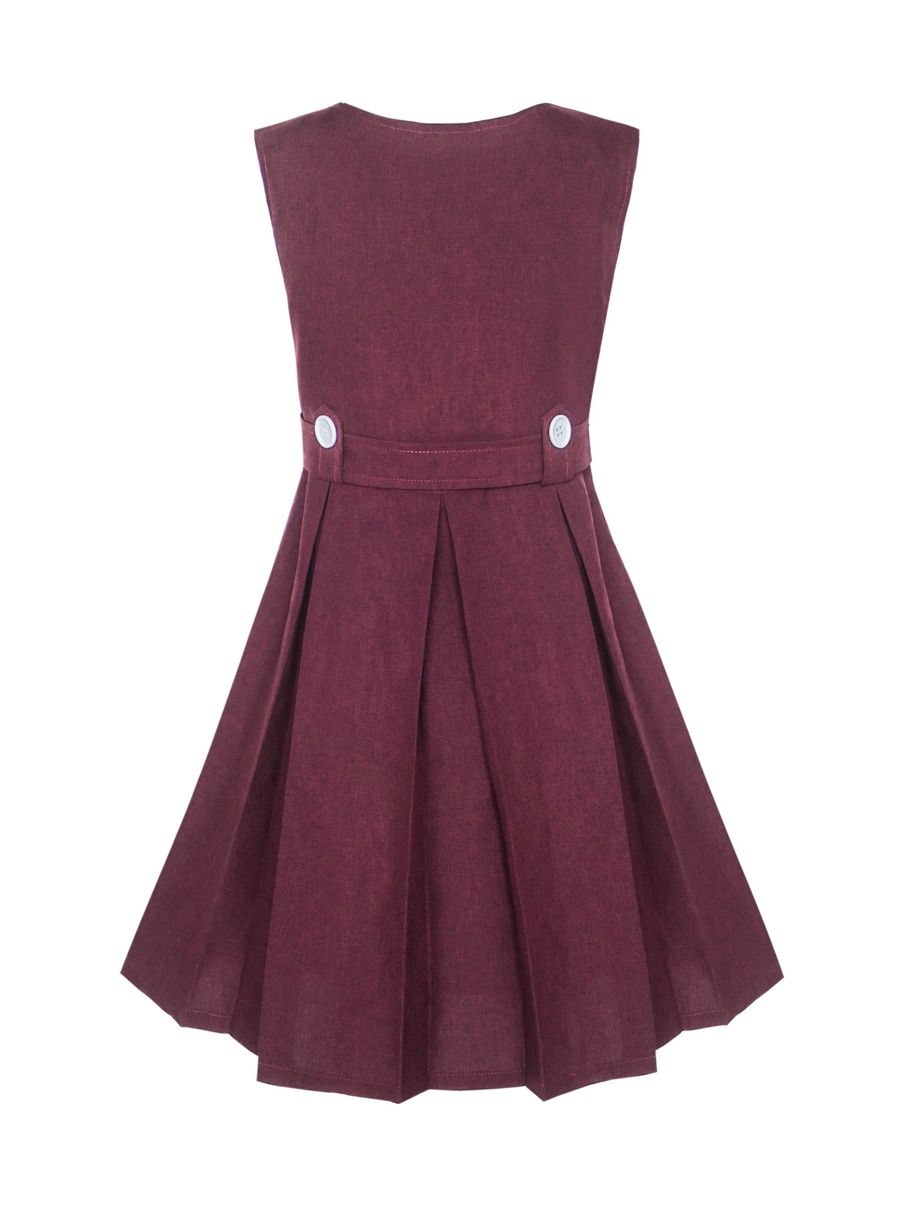 Girls Dress Beige Button Back School Uniform Pleated Hem Red
