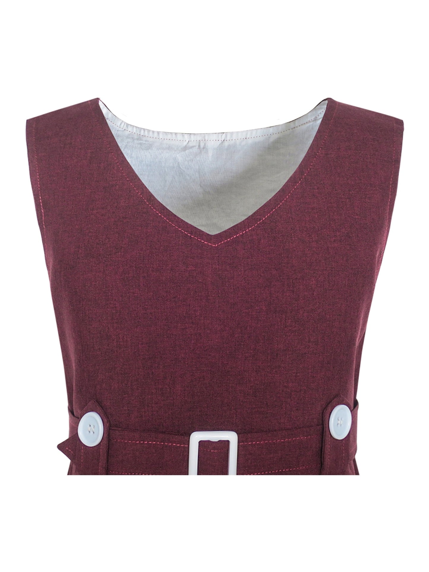 Girls Dress Beige Button Back School Uniform Pleated Hem Red