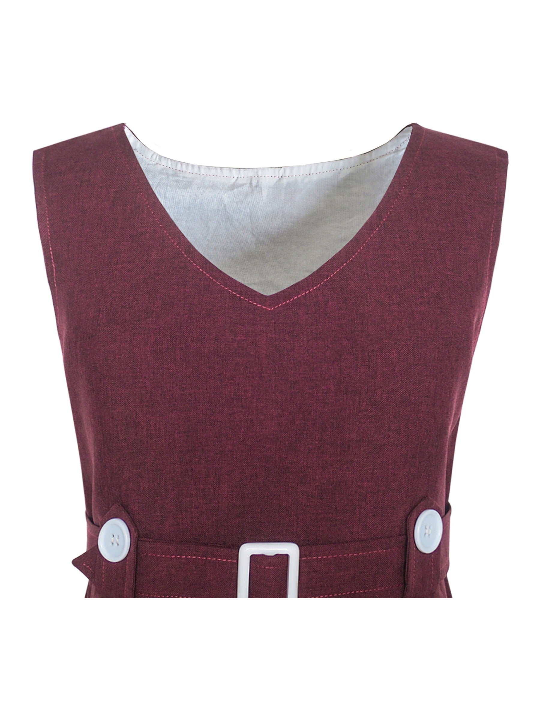 Girls Dress Beige Button Back School Uniform Pleated Hem Red